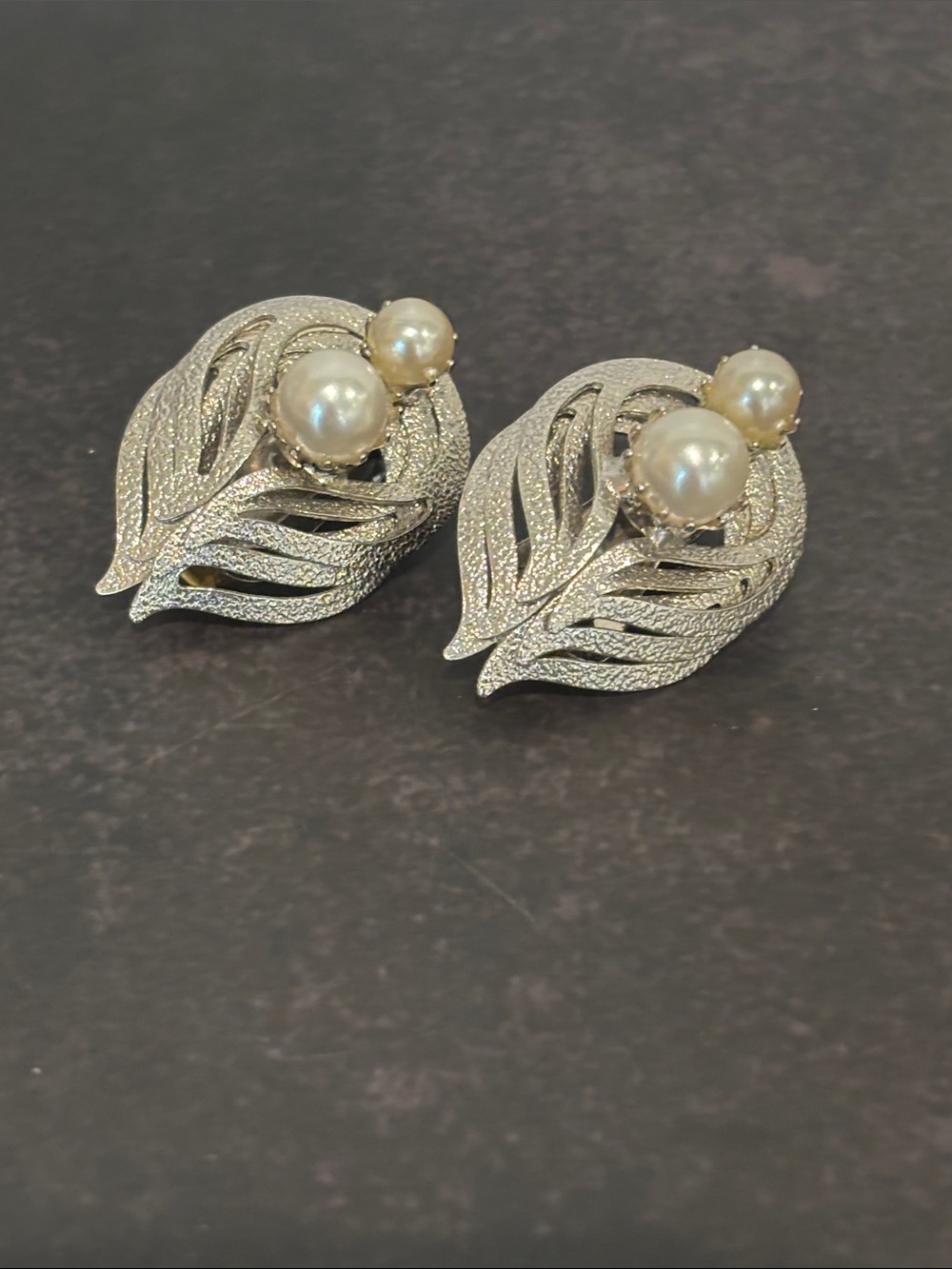 Vintage Signed Hobé Silver-Tone Leaf Clip-On Earrings with Faux Pearls